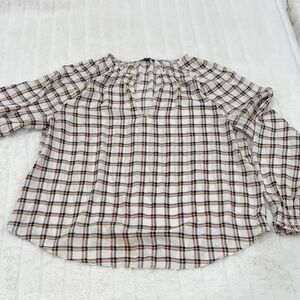 Ann Taylor Cream and Brown Plaid Blouse